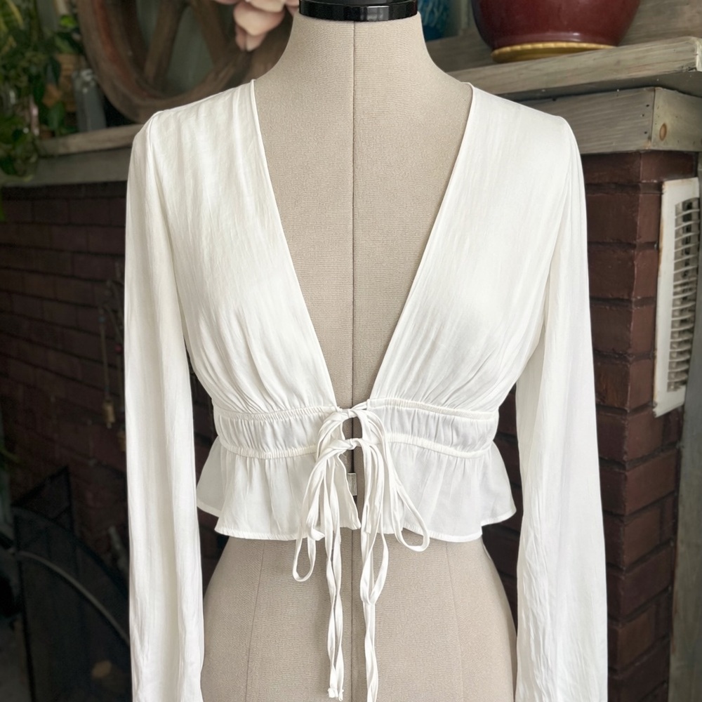 Adika White Tie Front Crop Blouse Peplum Long Sleeve Boho Top Size M